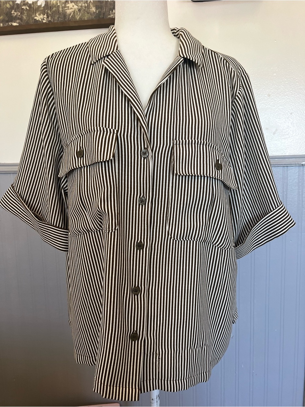 Worthington Striped Collared Button Front Jacket / Brown and White / Size: XXL